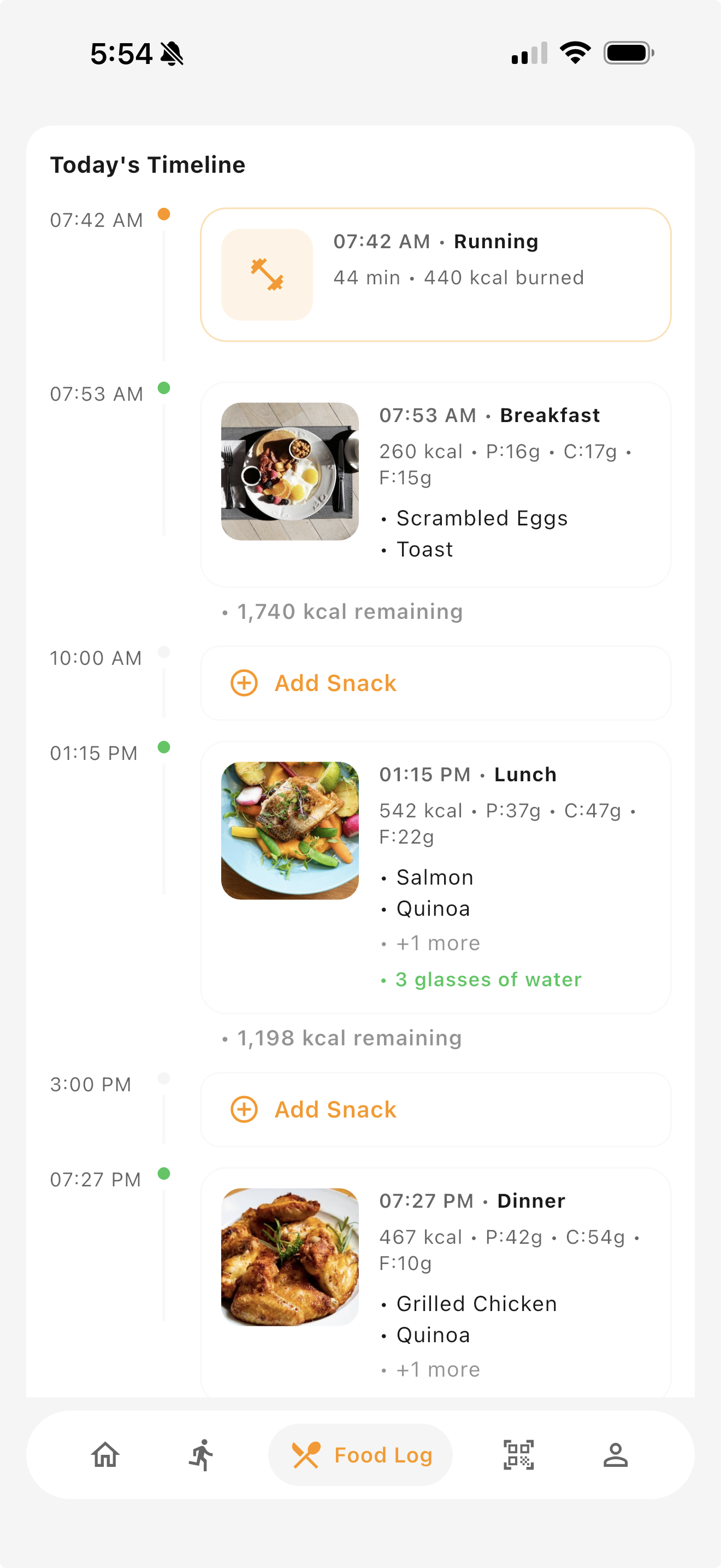 PowAIFuel food logging screen with meal entries